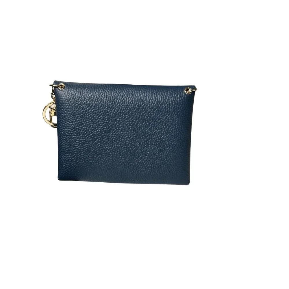 Melodie Cecile Navy Blue Pebbled Leather Envelope Wallet Keychain Fuchsia Lining